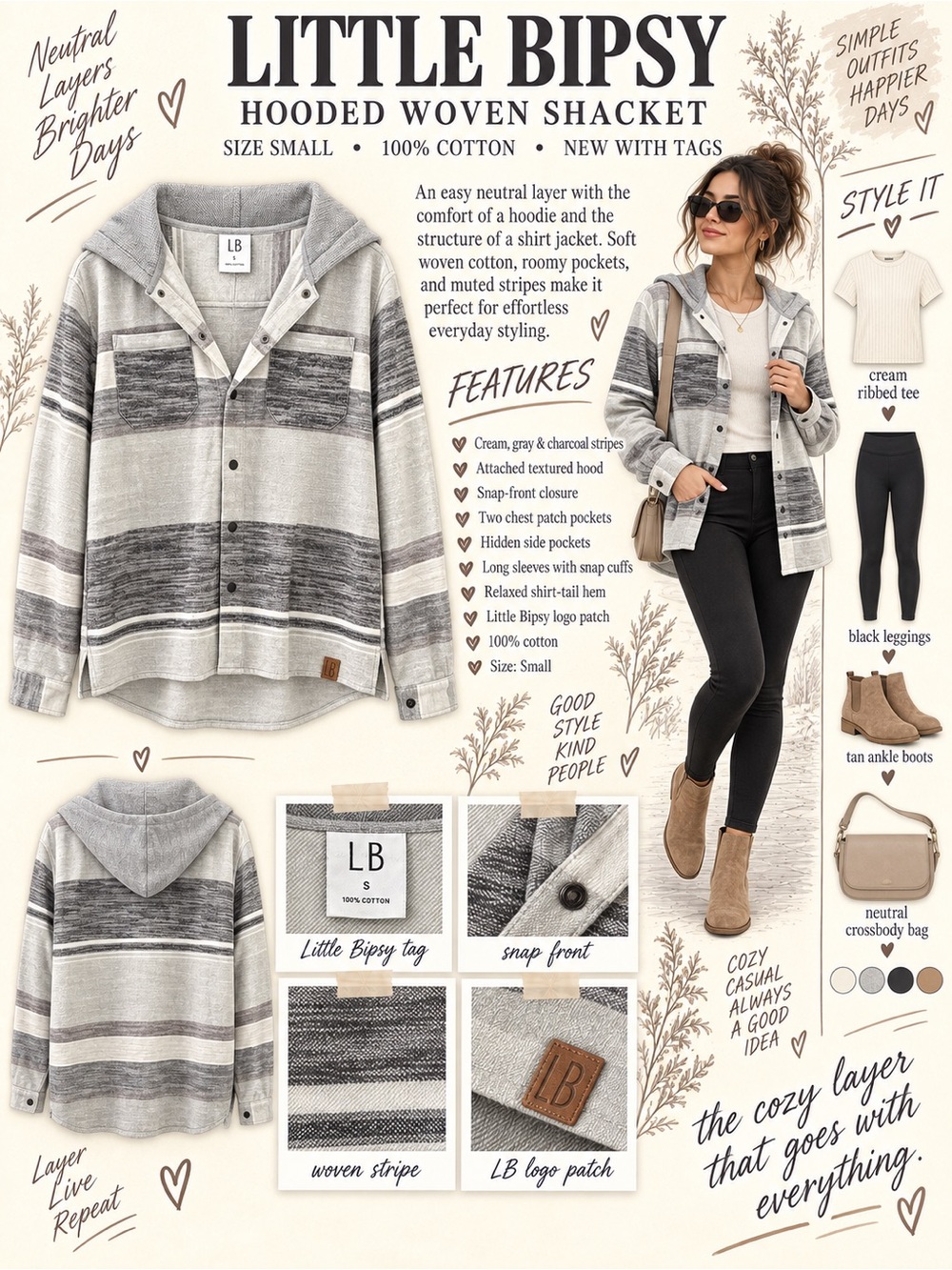Little Bipsy Hooded Woven Shacket - Cream & Gray Stripes